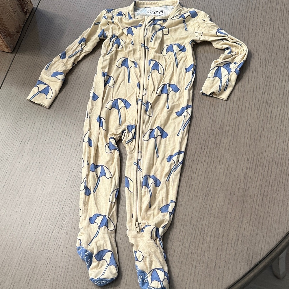 Oeuf Cream Footed One-Piece with Blue Umbrella Print